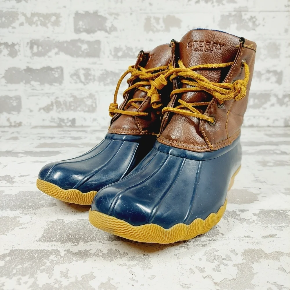Sperry Saltwater Duck Rain Blue Brown Leather Lace Up Zipper Ankle Boots K338